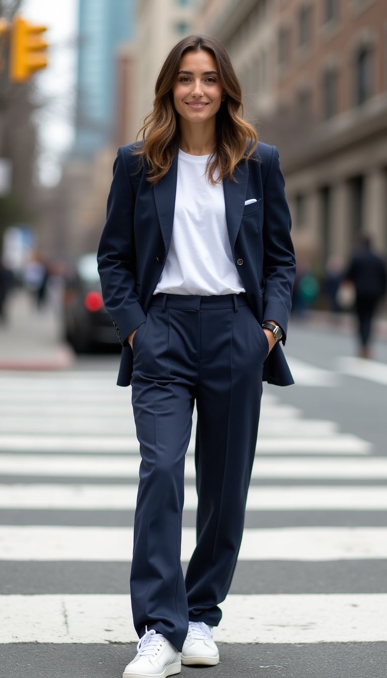 Terno Azul Marinho Descontraído Com Tênis Brancos