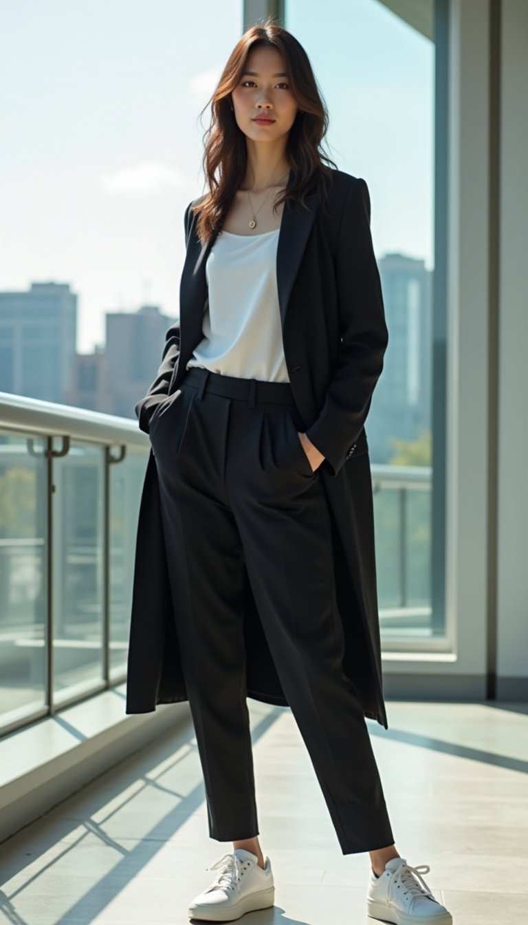 Blazer Oversized Com Calça Alfaiataria e Tênis