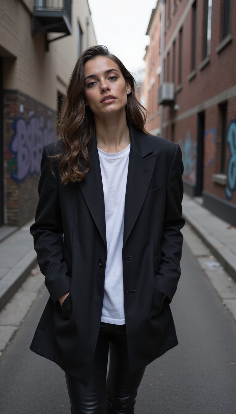 Blazer Oversized Com Calça de Couro e Camiseta Básica