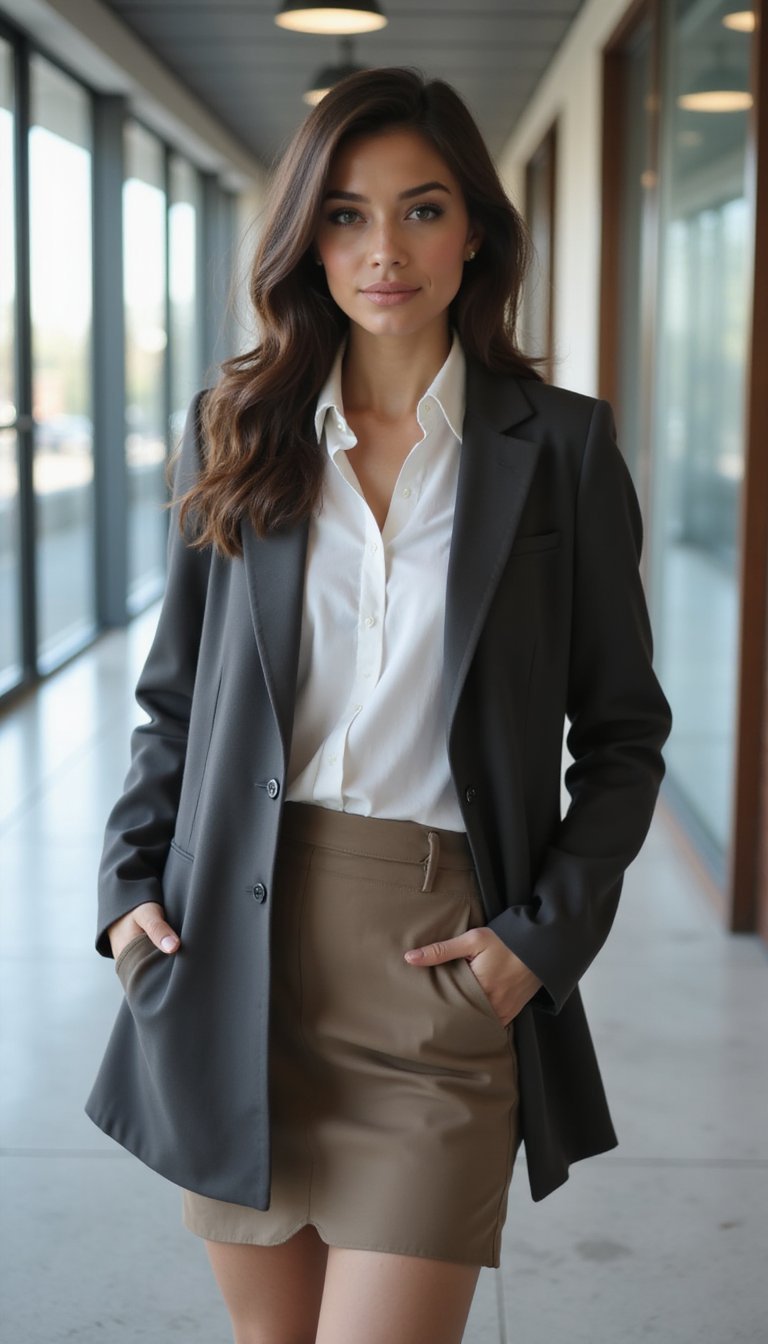 Blazer Oversized Com Camisa Branca e Saia Lápis