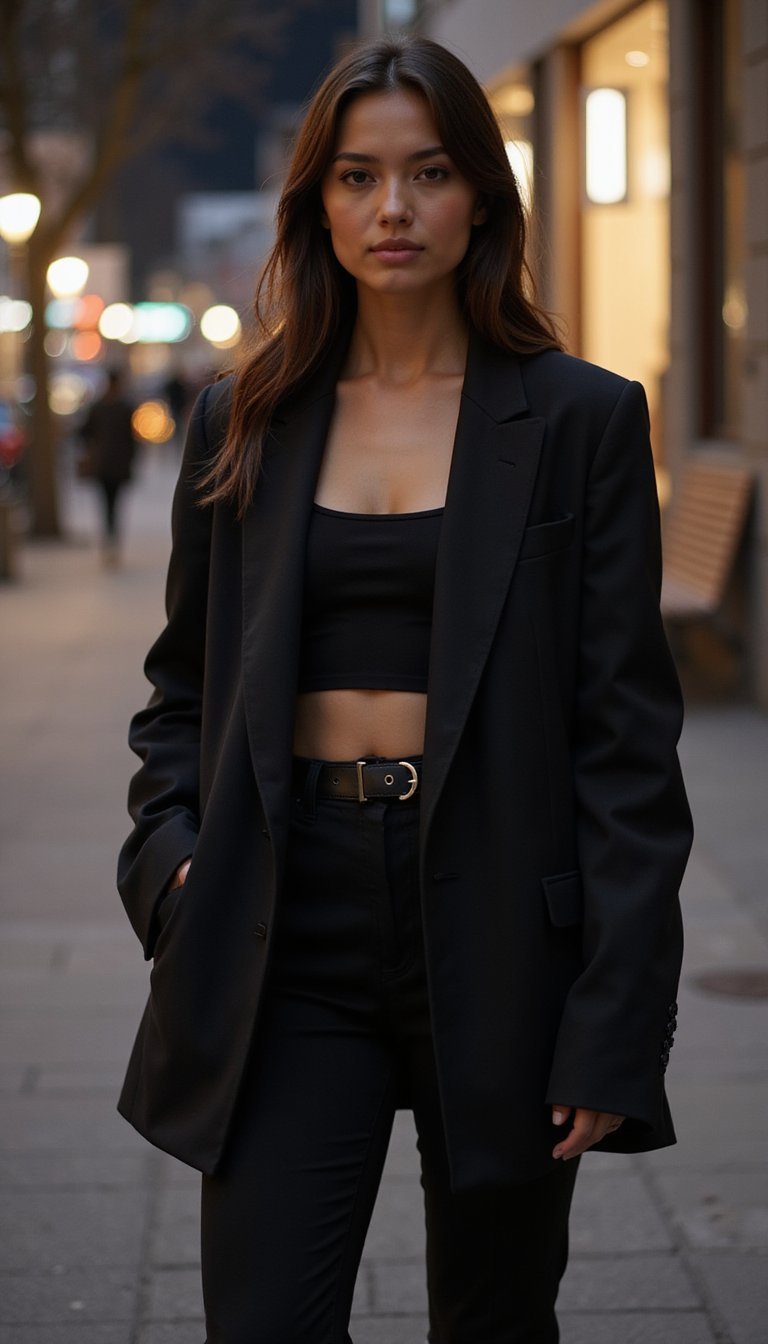 Blazer Oversized Com Look Total Preto Minimalista