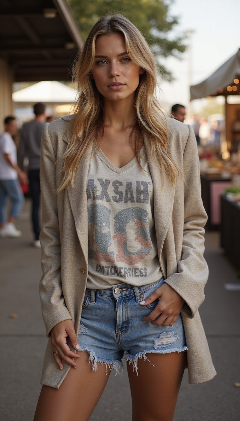 Blazer Oversized Com Shorts Jeans e Camiseta Vintage