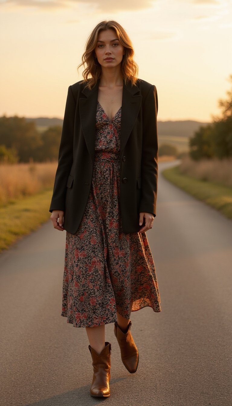 Blazer Oversized Com Vestido Floral Midi e Botas Cowboy