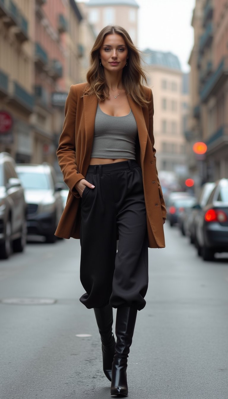 Calça Pantalona Com Bota De Cano Alto