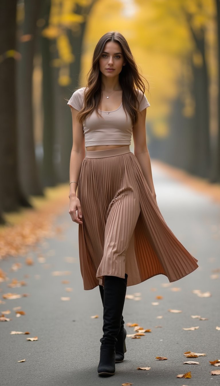 Saia Midi Plissada Com Bota De Cano Alto