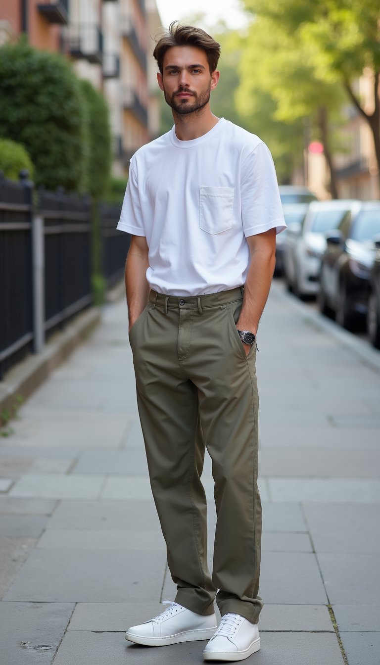 Calça Alfaiataria Com T‑Shirt e Tênis Casual