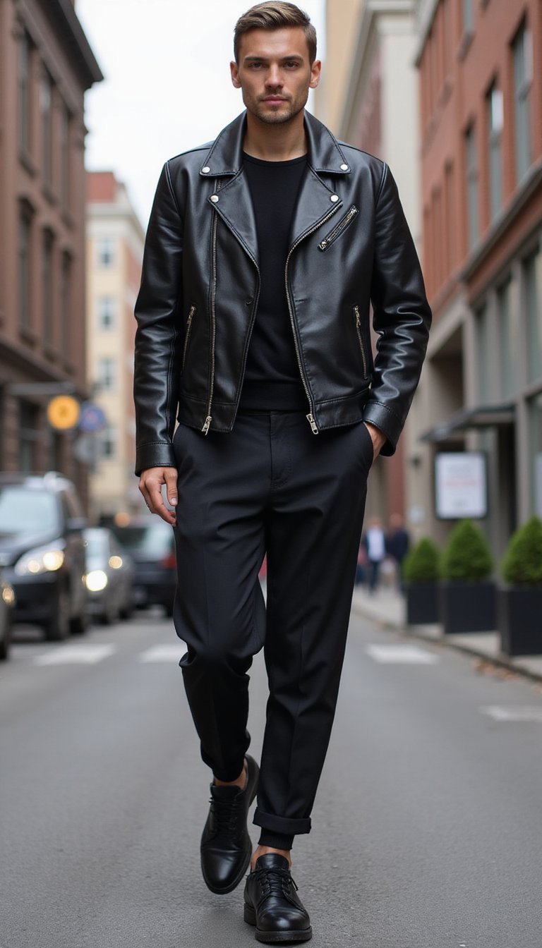 Jaqueta de Couro e Calça Alfaiataria Contraste Urbano