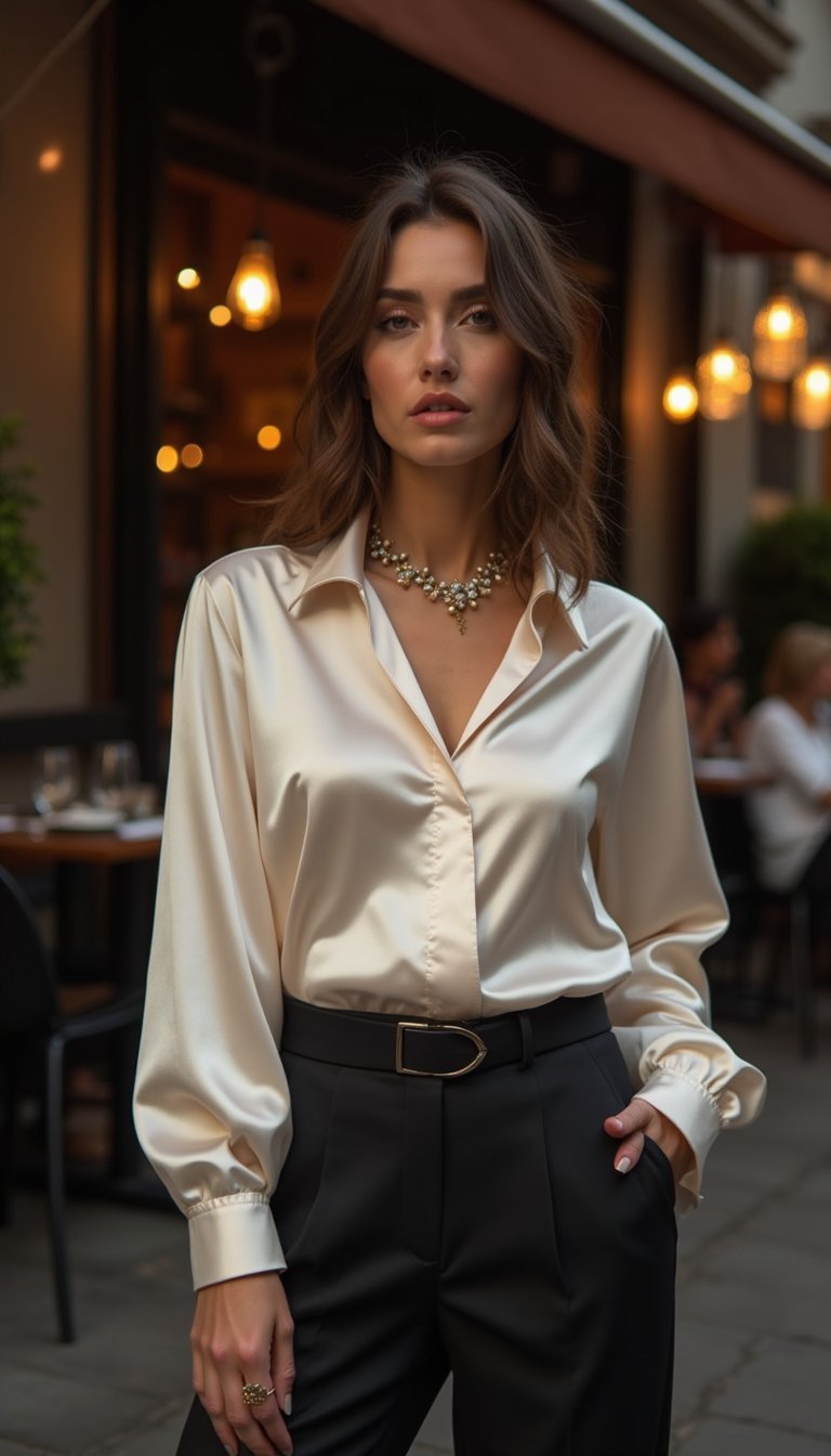 Look Noite Seda e Calça Alfaiataria Elegante