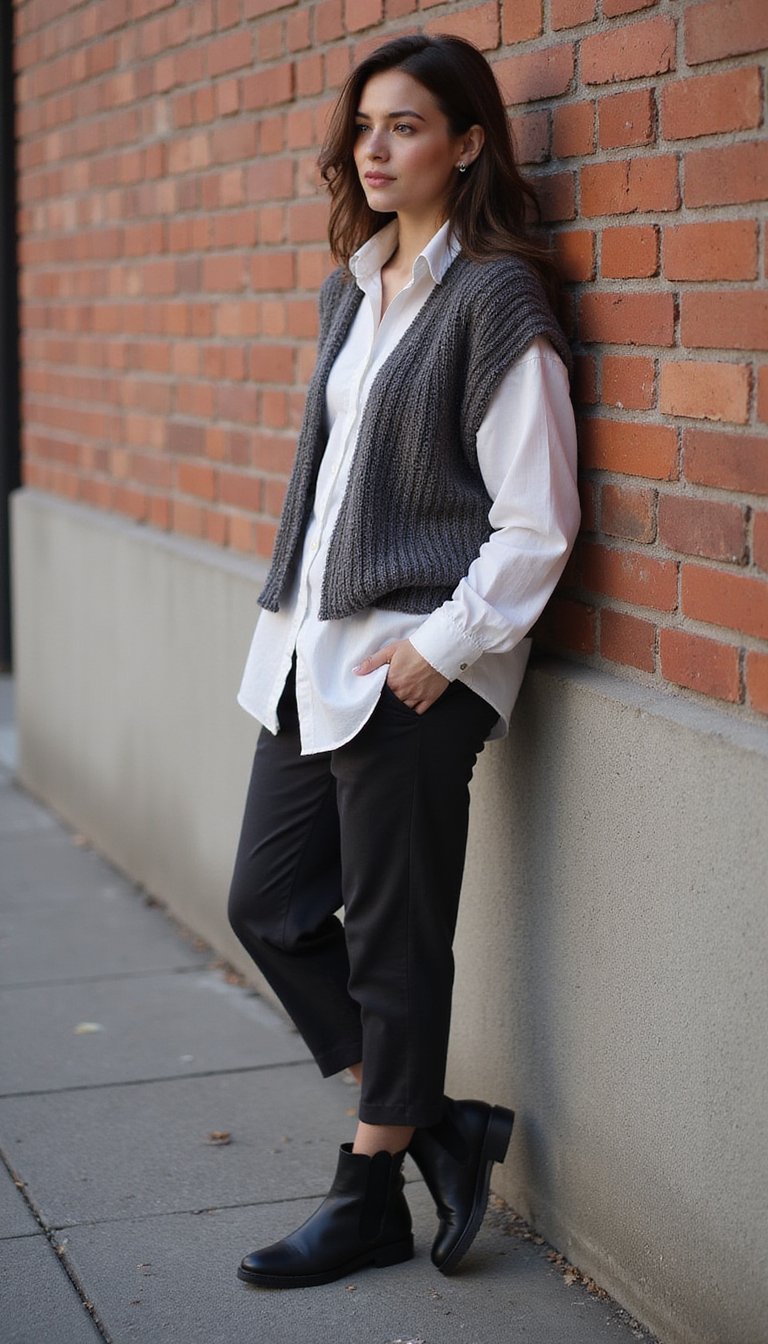 Camisa Oversized Com Colete De Tricô E Bota Cano Curto