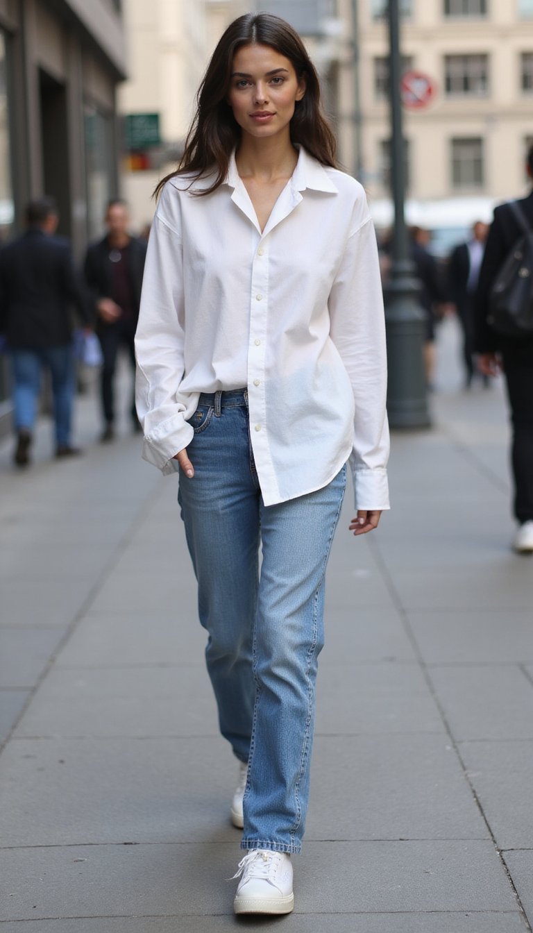 Camisa Oversized Com Jeans Reto E Tênis Branco