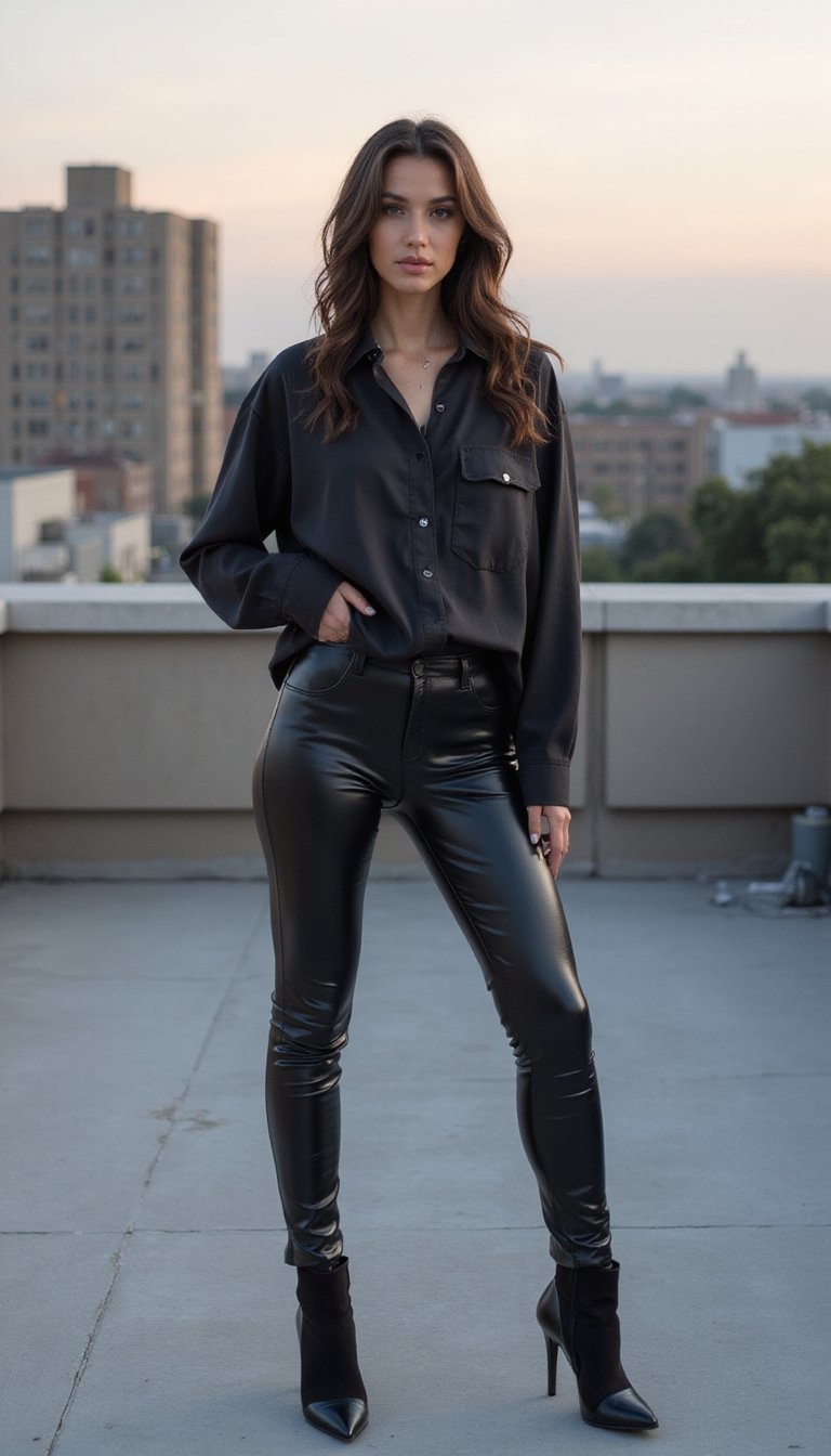 Camisa Oversized Com Legging De Couro E Saltos