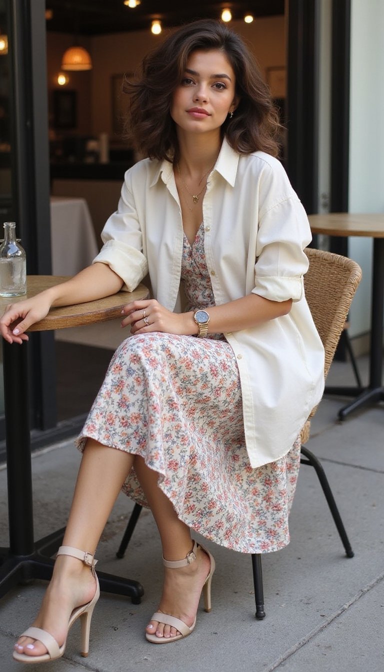 Camisa Oversized Sobre Vestido Midi Floral