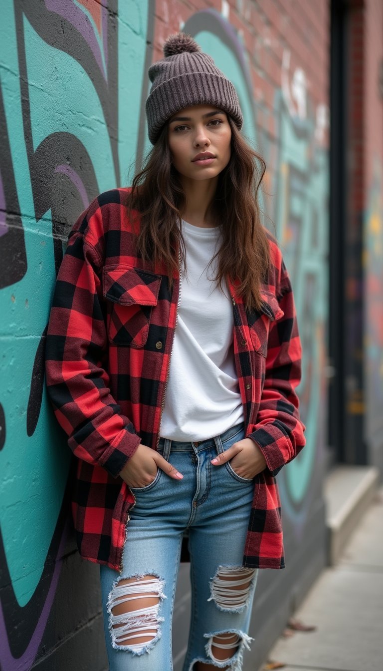 Camisa Oversized Xadrez Com Jeans Destroyed E Gorro