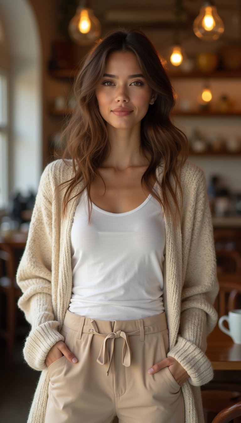 Camiseta Básica Chic Com Cardigã Oversized Confortável