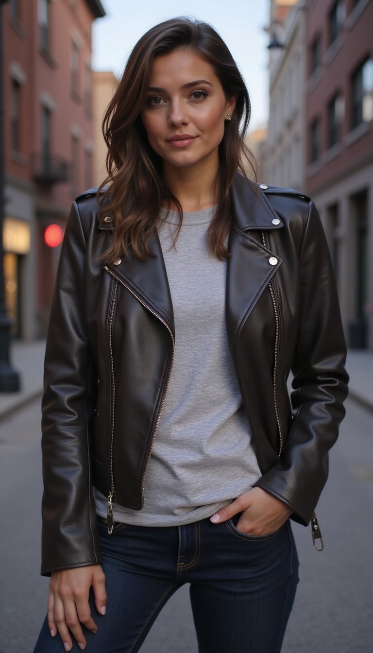 Camiseta Básica Chic Com Jaqueta De Couro