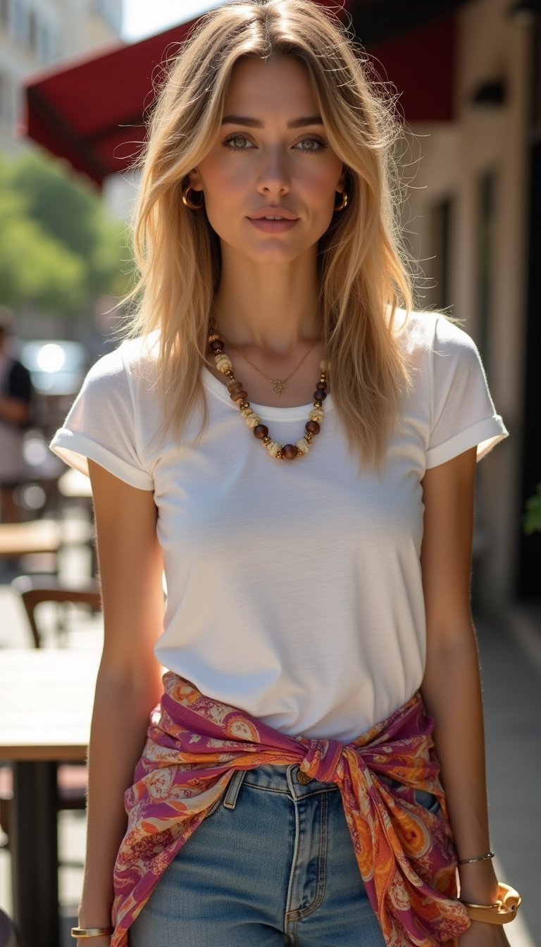 Camiseta Básica Chic Com Maxi Colar E Lenço