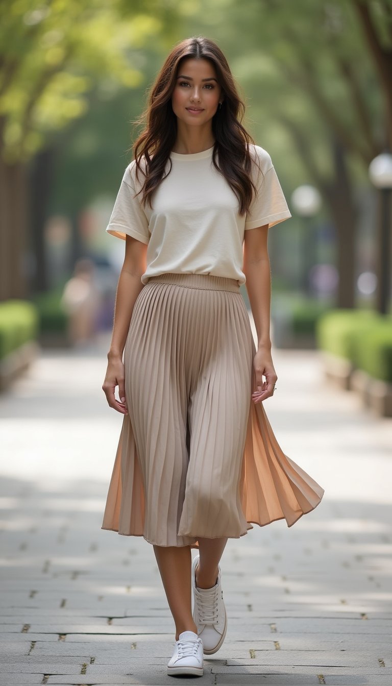 Camiseta Básica Chic Com Saia Plissada E Tênis