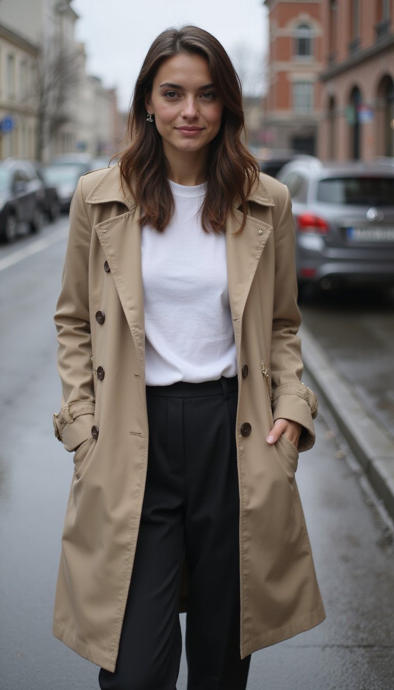 Camiseta Básica Chic Em Camadas Com Trench Coat