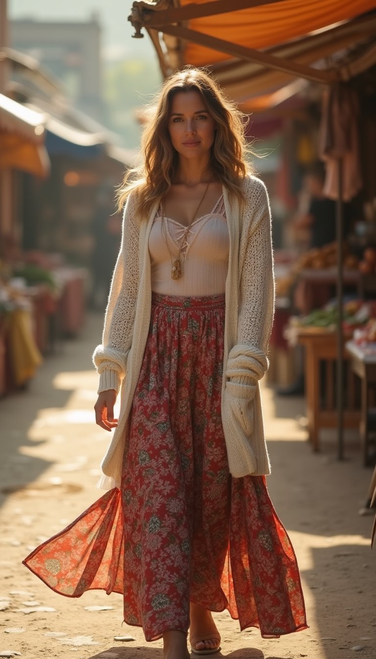 Boho Atual: Cardigan Alongado Com Saia Longa Estampada