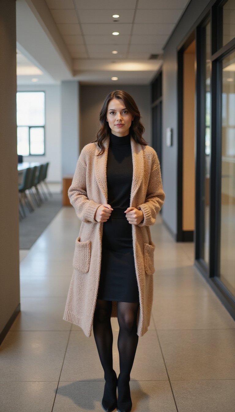 Cardigan Alongado Com Blusa Gola Alta E Saia Lápis