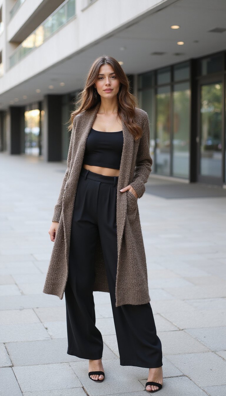 Cardigan Alongado Com Calça Wide Leg Elegante