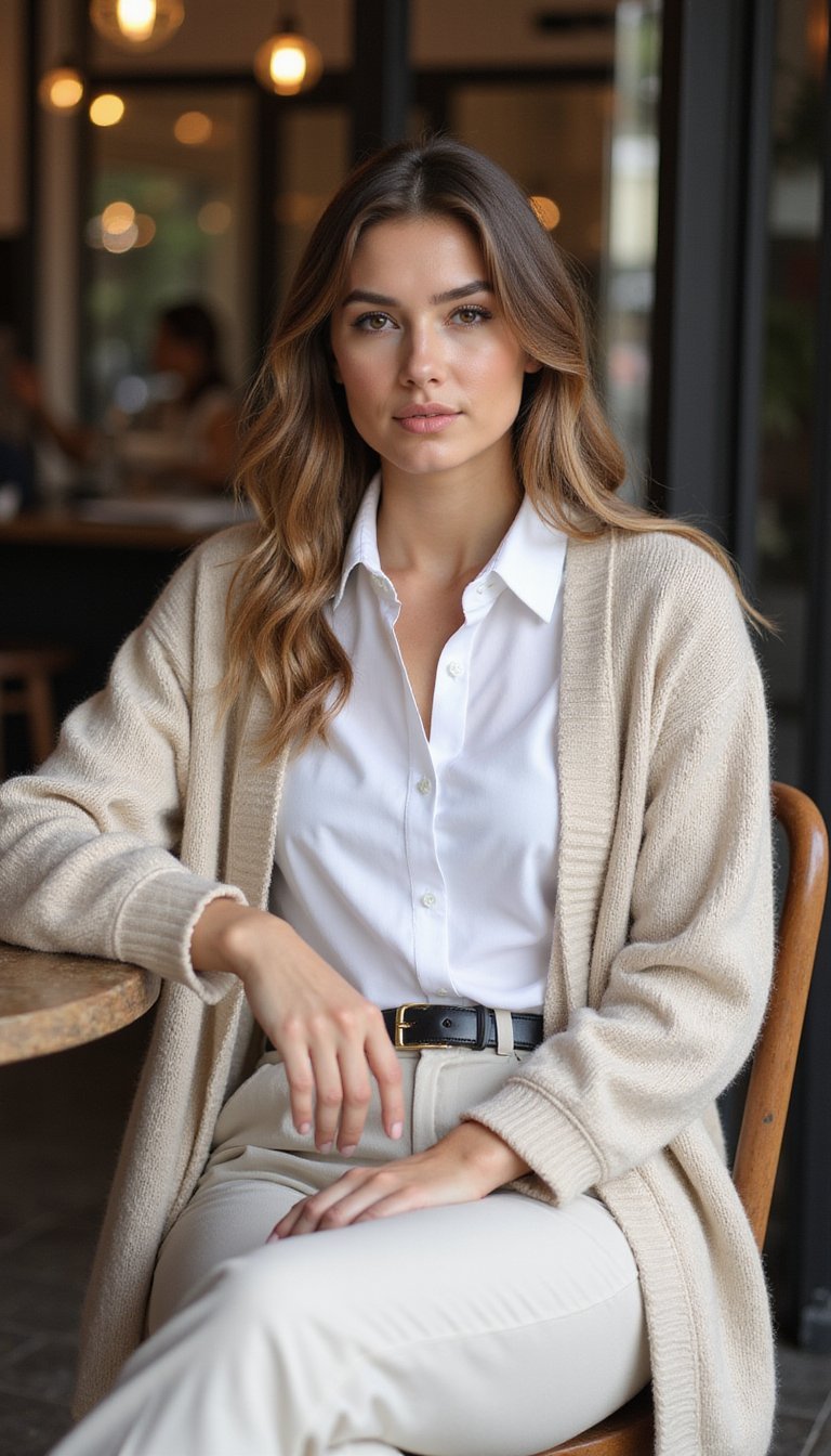 Cardigan Alongado Com Camisa Branca Clássica