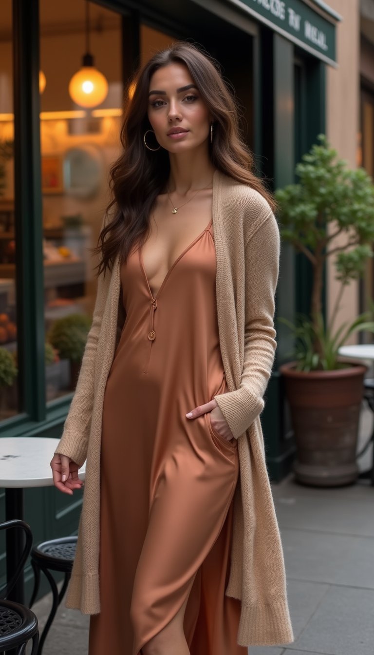 Cardigan Alongado Com Vestido Slip Minimal
