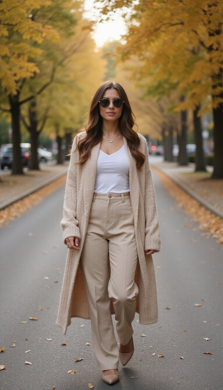 Monocromático Chic Com Cardigan Alongado Bege