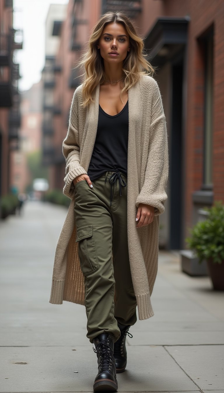 Sporty Luxe: Cardigan Alongado Com Calça Cargo