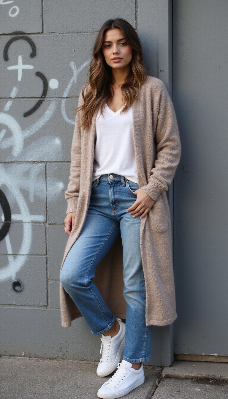 Street Style: Cardigan Alongado Com Tênis Branco