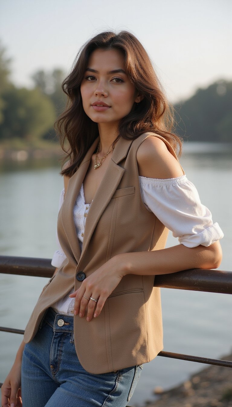 Colete Com Blusa Ombro A Ombro E Jeans Mom