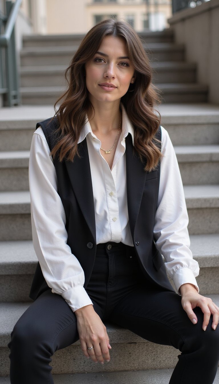 Colete Com Camisa Oversized E Calça Skinny Pretas