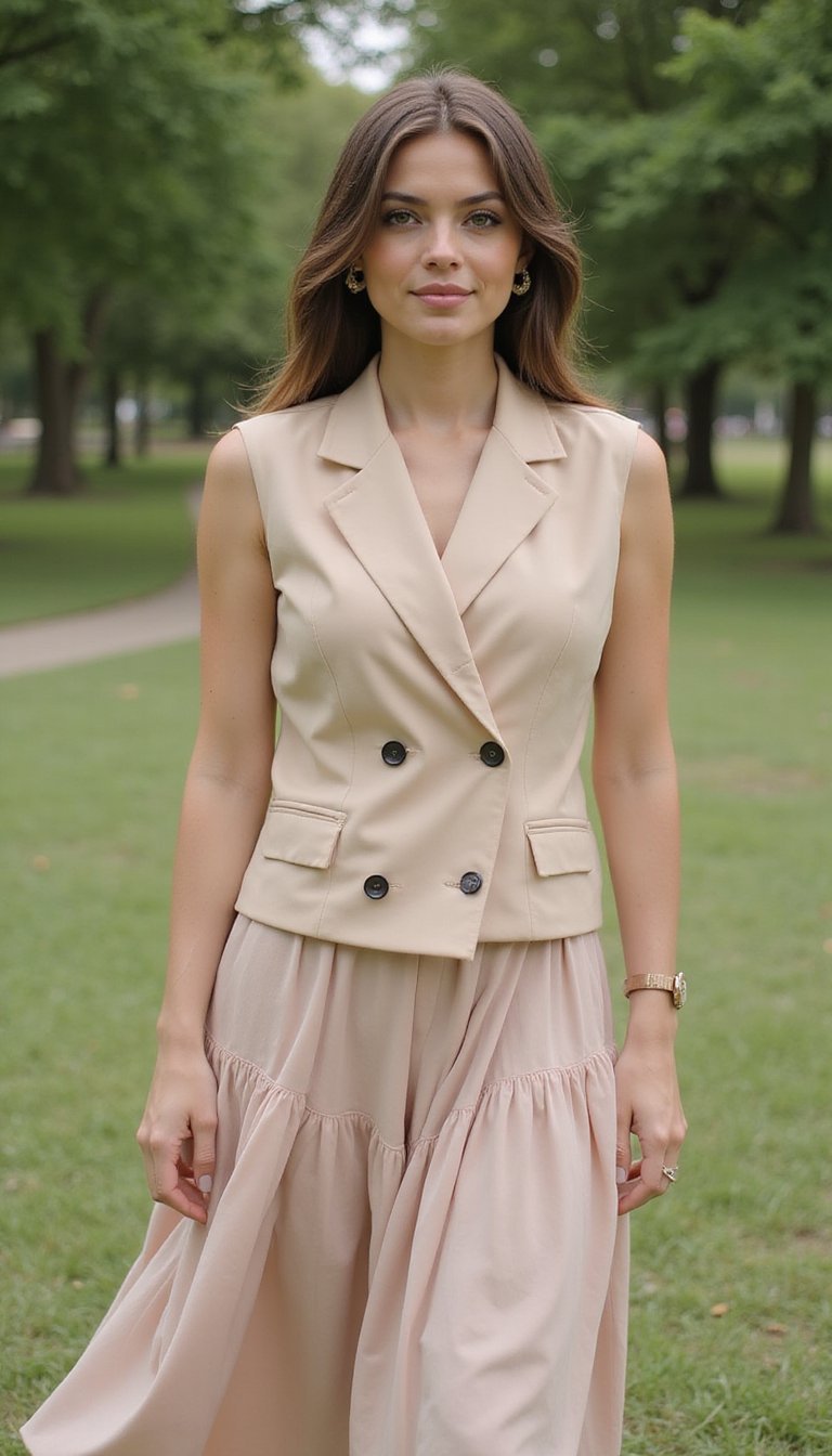 Colete Estruturado Sobre Vestido Midi Fluido