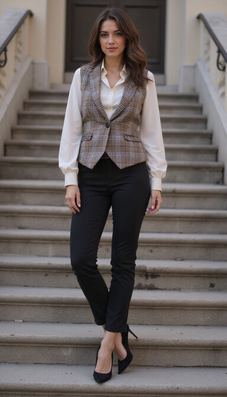 Colete Xadrez Com Camisa De Seda E Scarpin