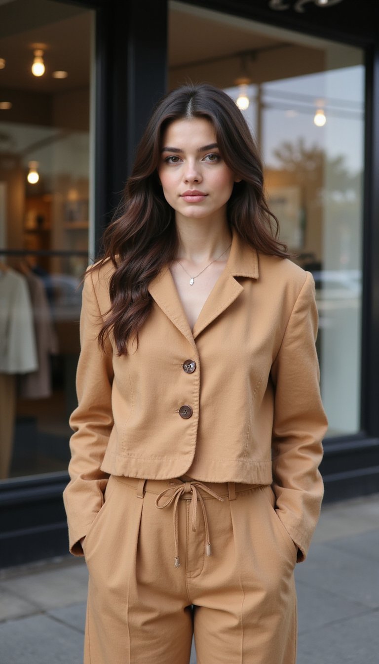 Conjunto Linho Com Blazer Curto E Botões Grandes