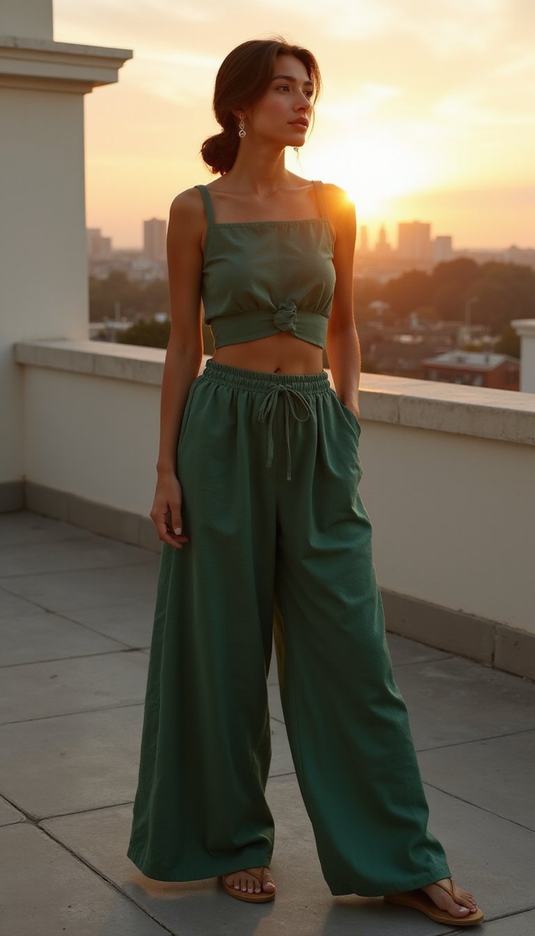 Conjunto Linho Com Maxi Calça E Top Curto Elegante