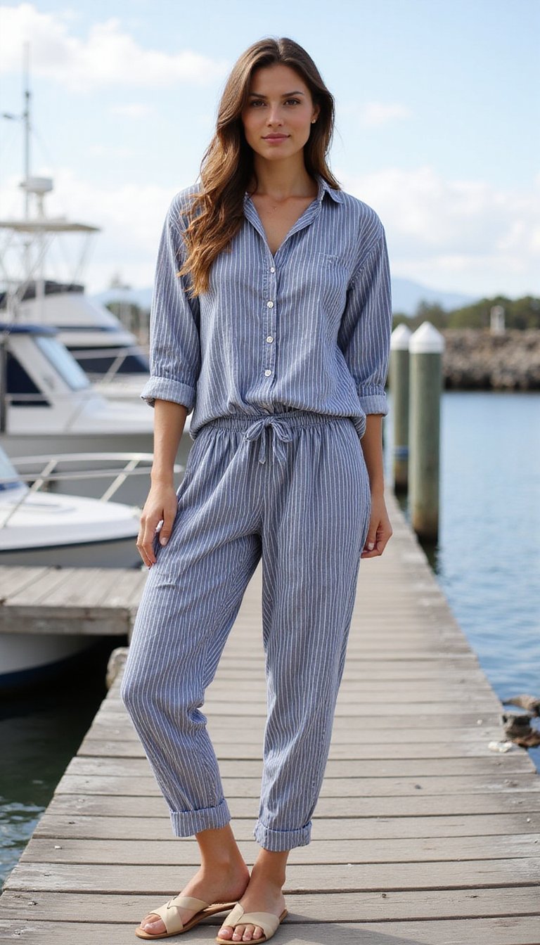 Conjunto Linho Listrado Náutico Para Viagem De Verão