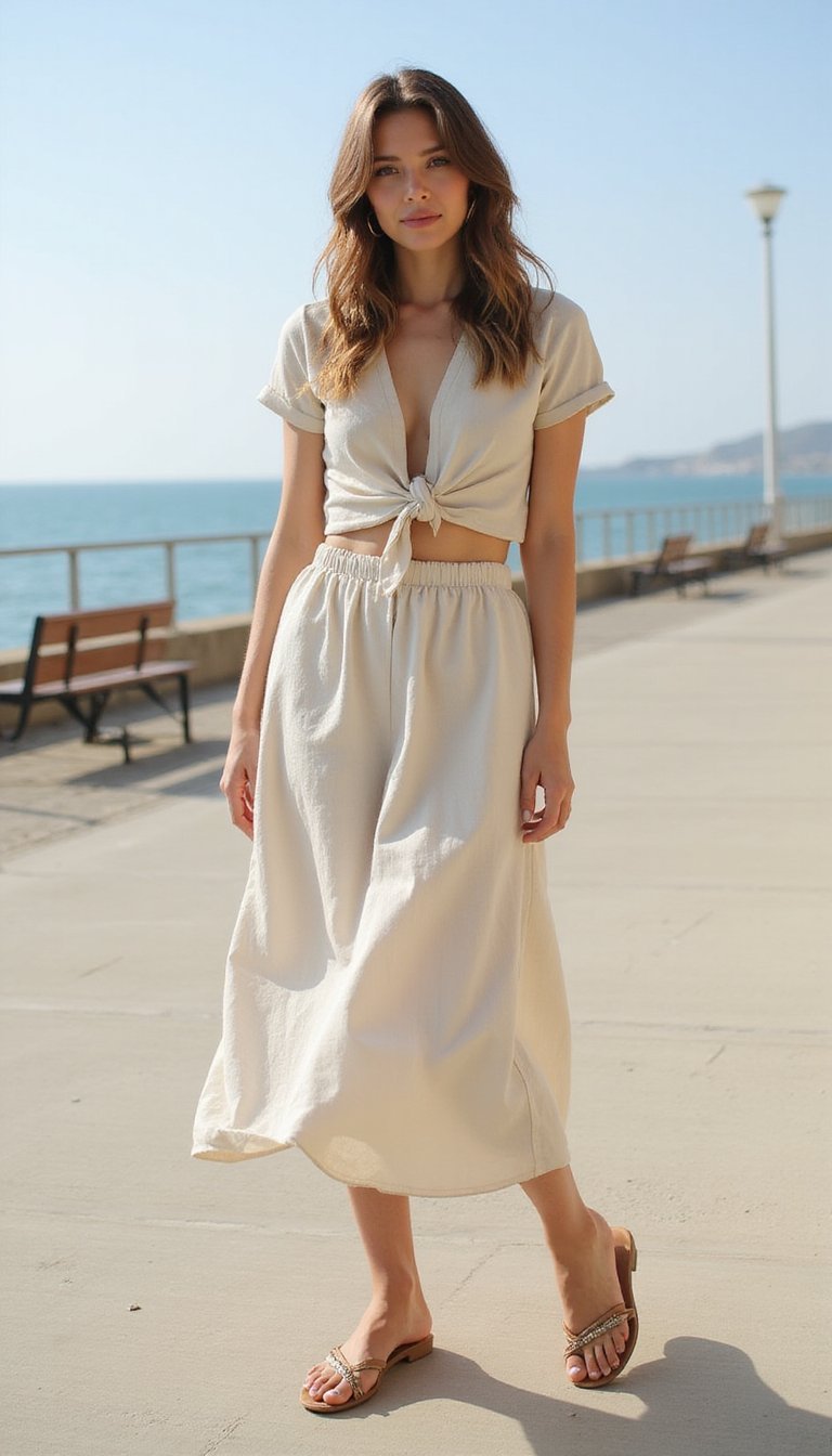 Conjunto Linho Saia Midi E Top Cropped Com Nó