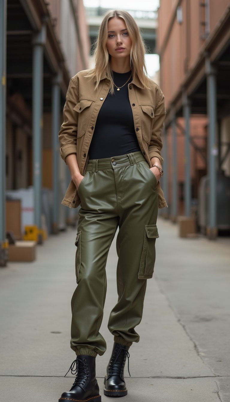 Calça Cargo Em Couro Ecológico Verde Militar