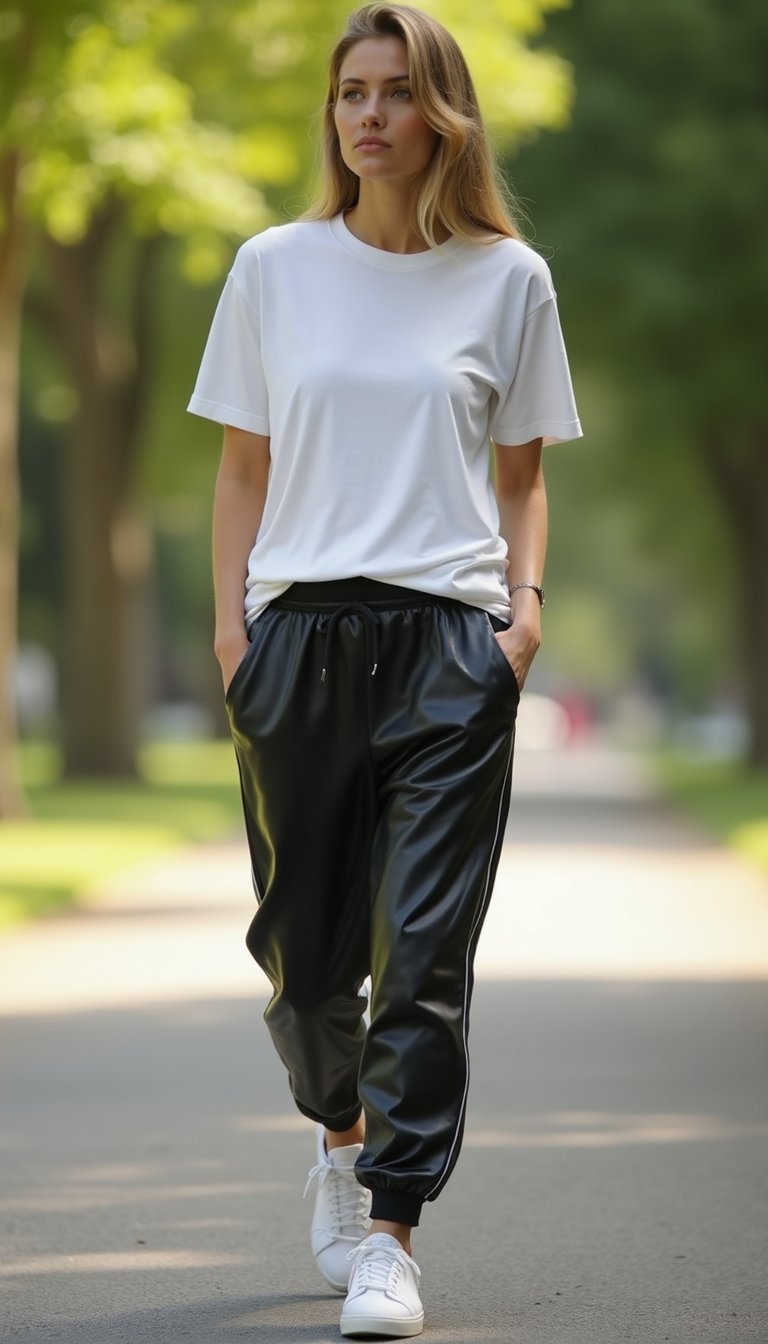 Calça Jogger Em Couro Ecológico Com Tênis Branco