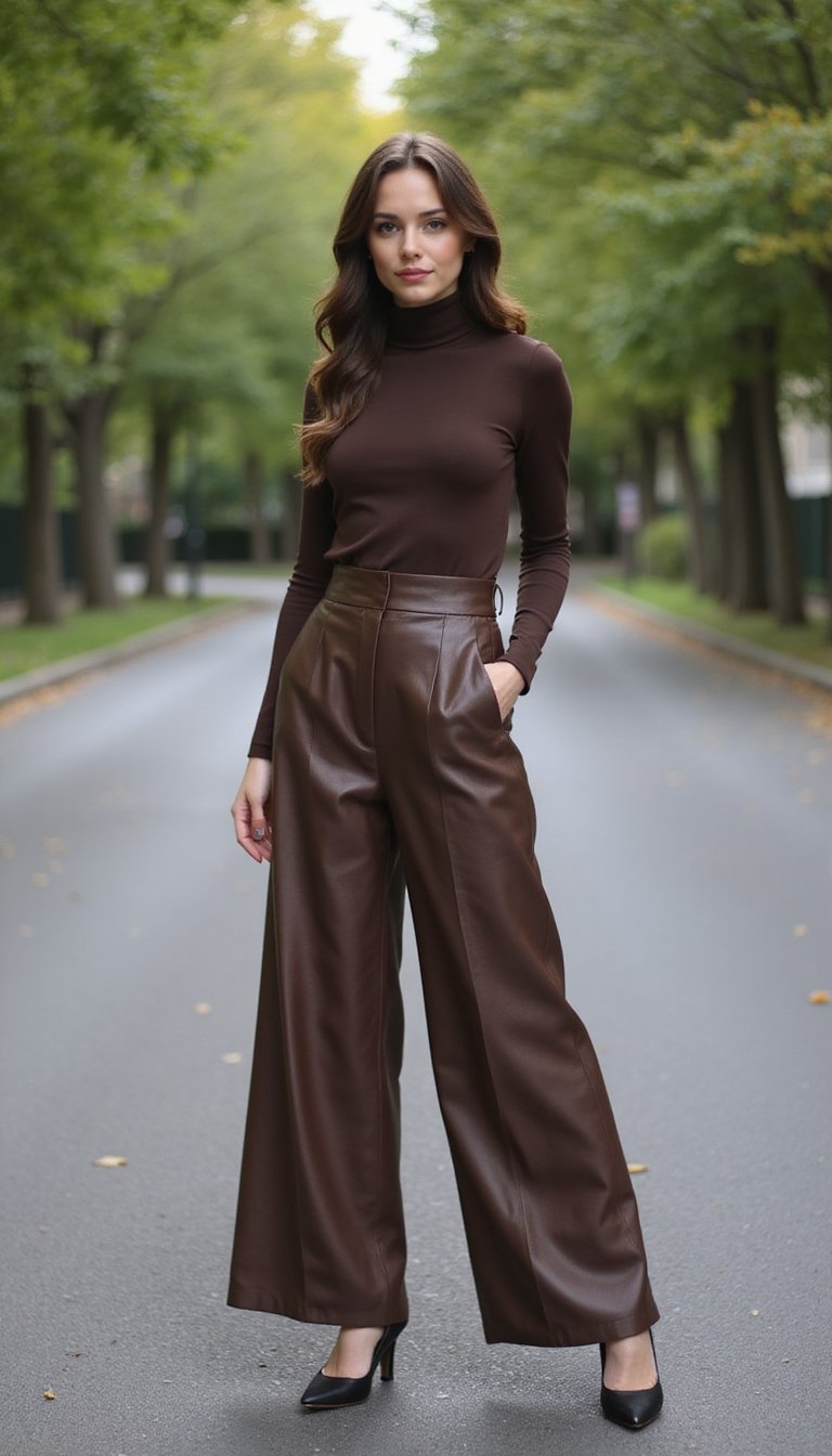 Calça Pantalona Em Couro Ecológico Marrom Chocolate