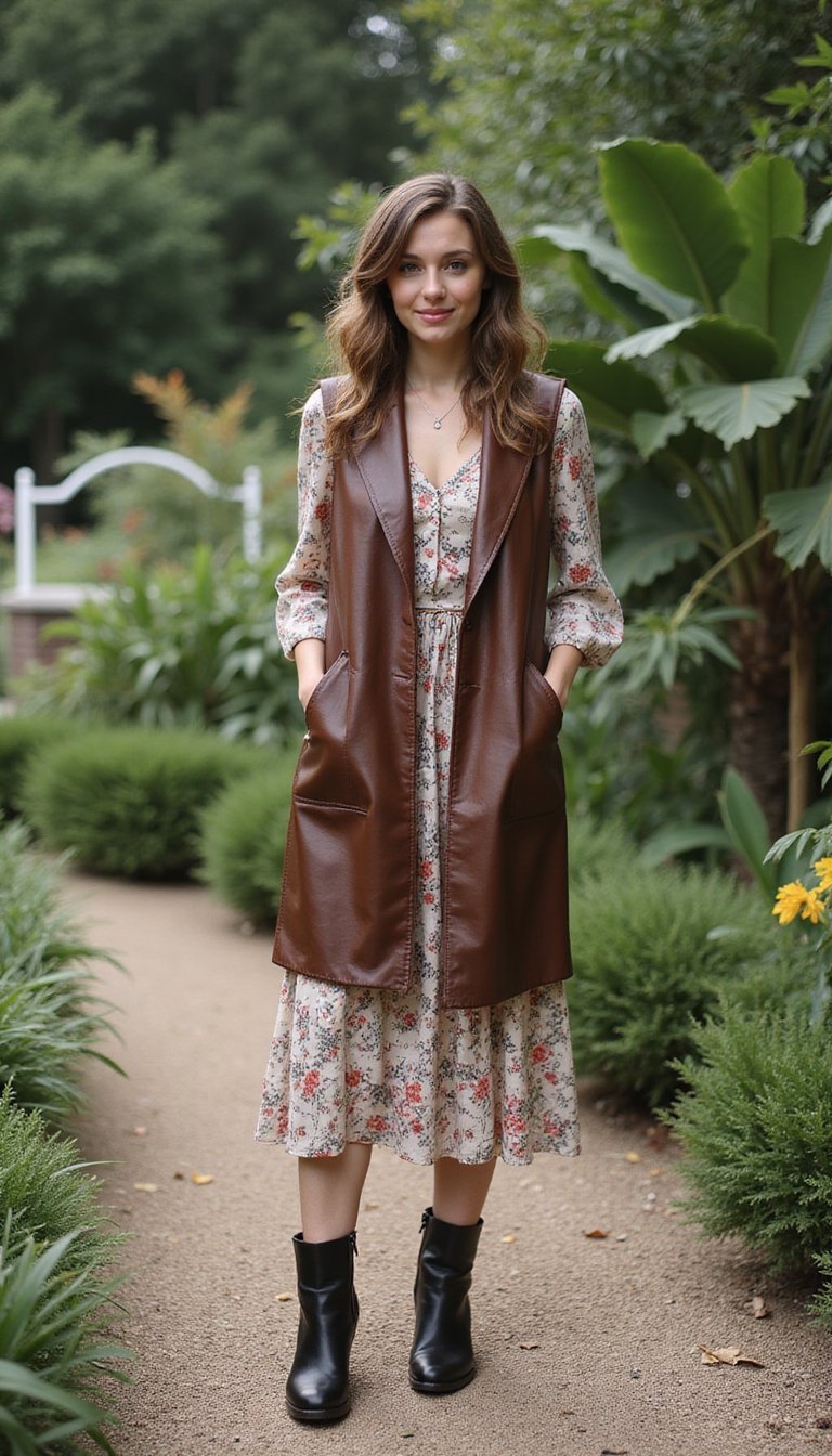 Colete Longo Em Couro Ecológico Com Vestido Floral