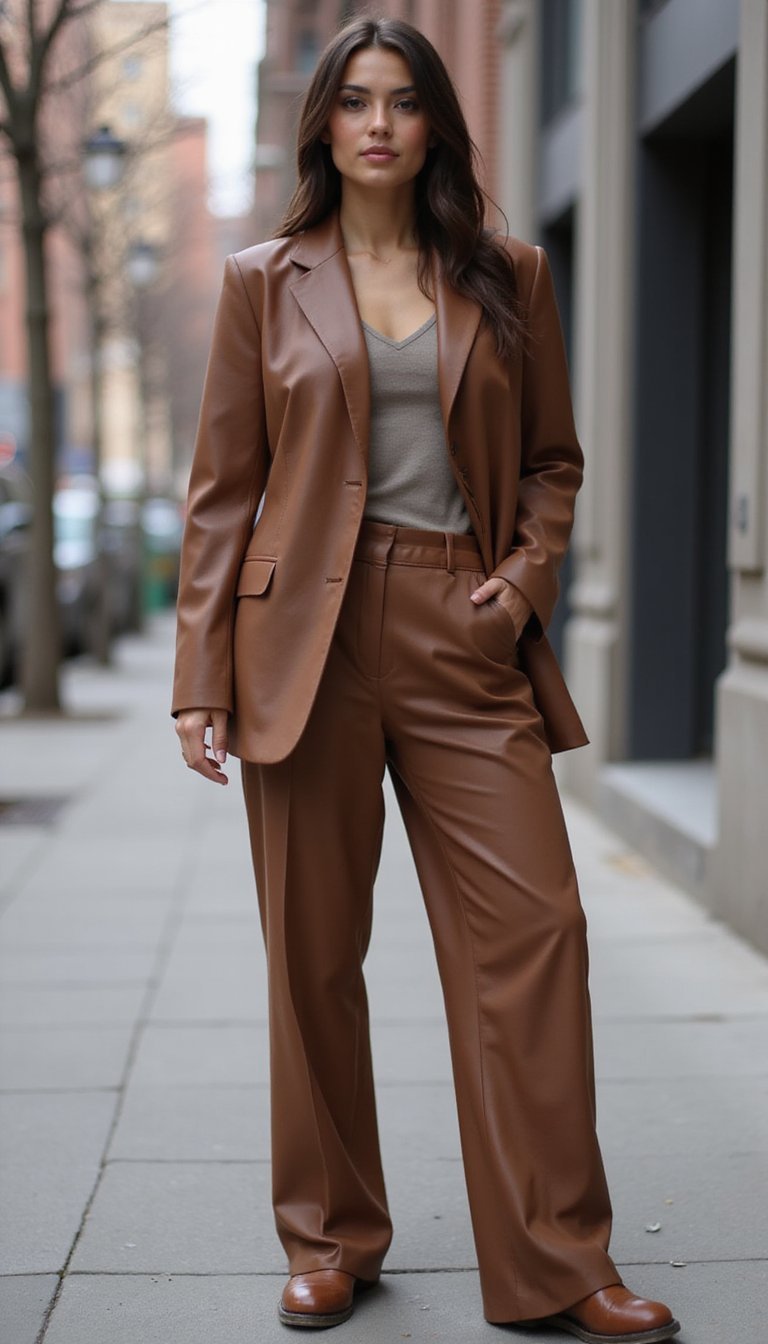 Conjunto Blazer E Calça Alfaiataria Em Couro