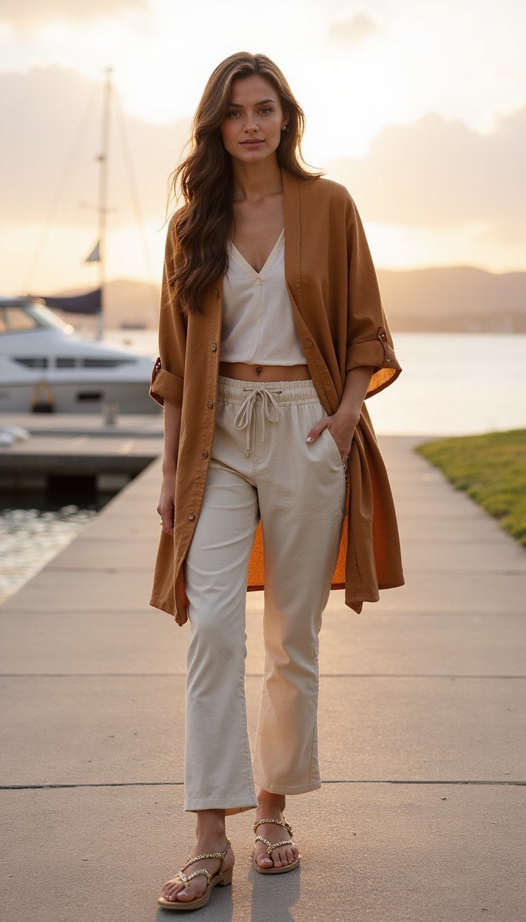 Kimono Curto Em Couro Com Calça Flare De Linho