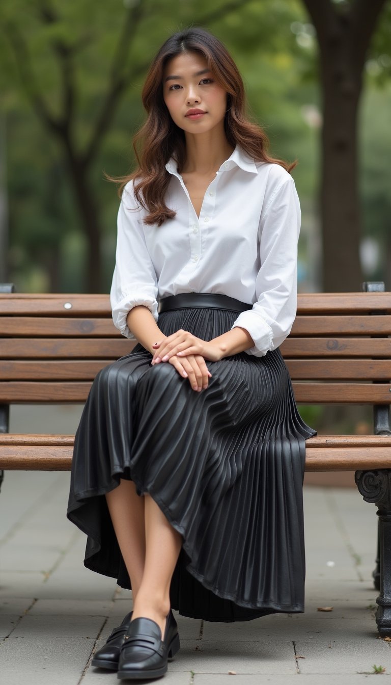 Saia Plissada De Couro Ecológico Com Camisa Branca