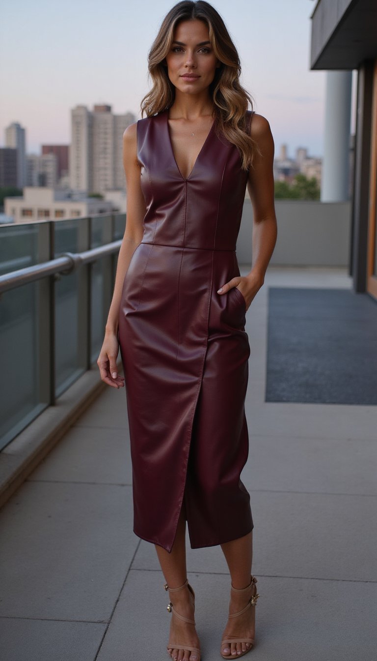 Vestido Tubinho Em Couro Ecológico Com Sandálias