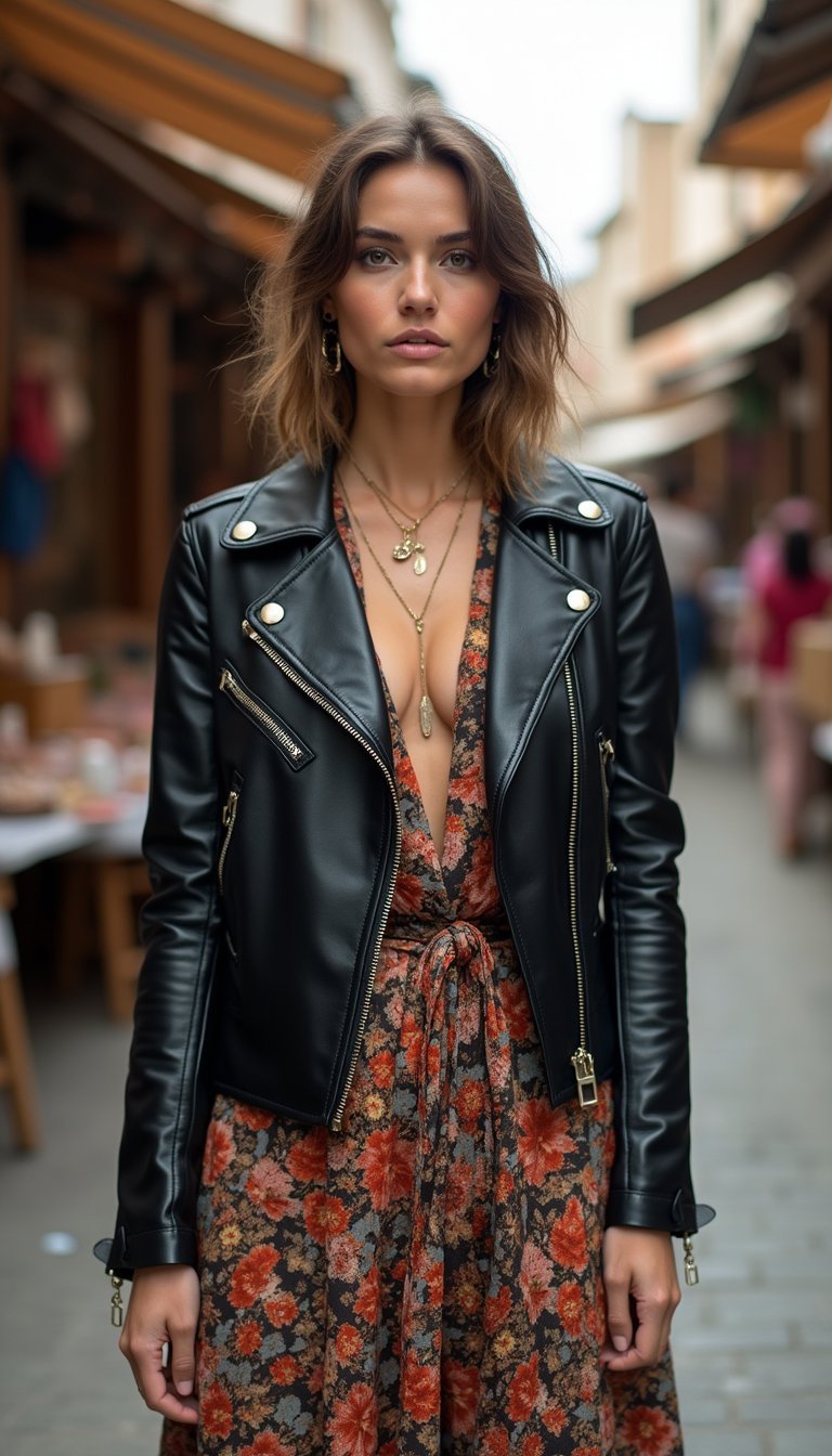 Jaqueta Biker Com Kimono Estampado Para Camadas Leves