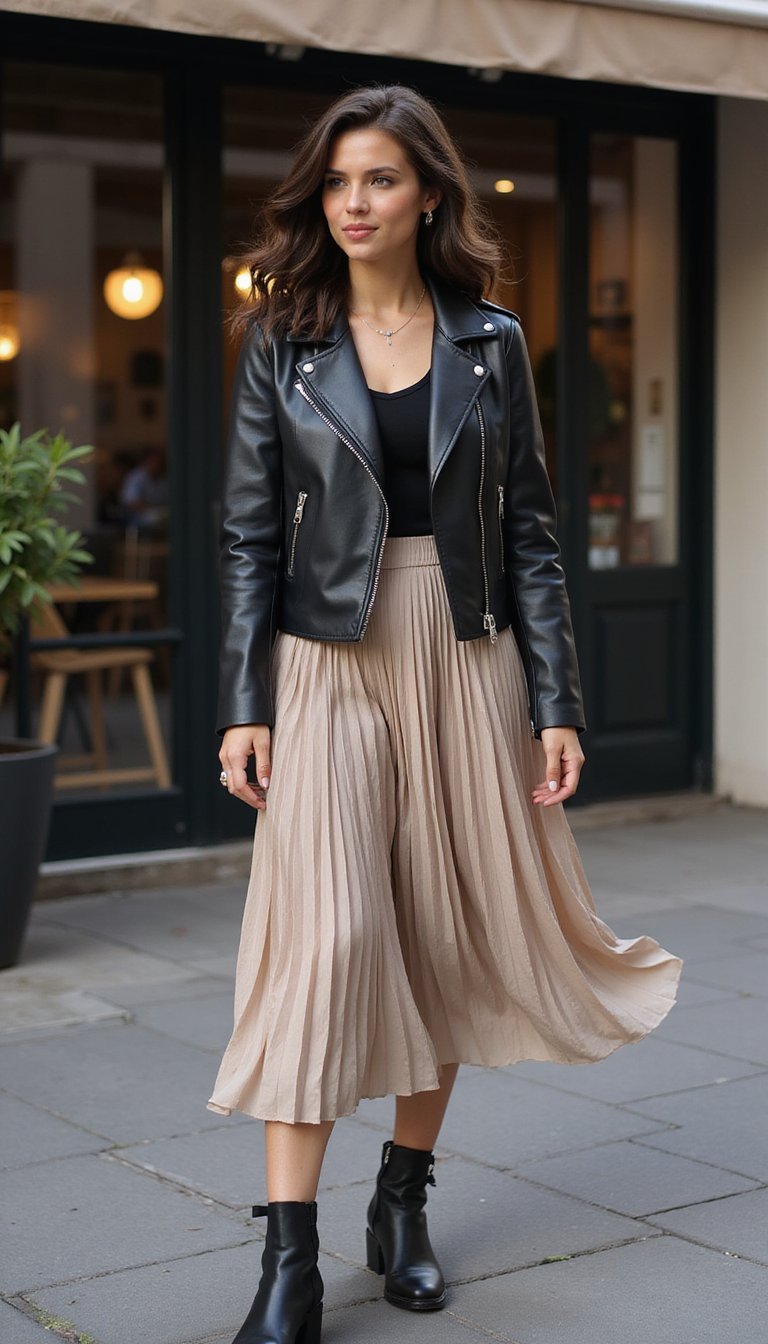 Jaqueta Biker Com Saia Midi Plissada Romântica