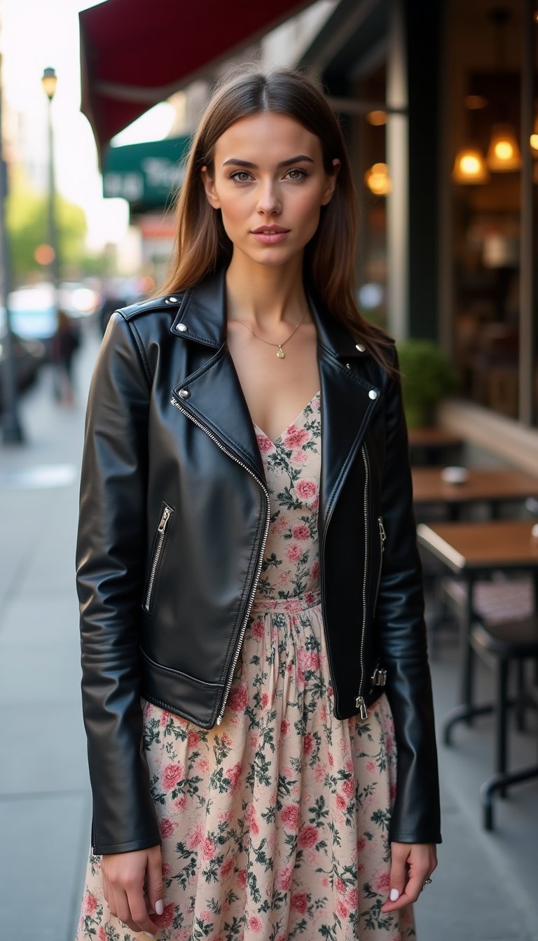 Jaqueta Biker Com Vestido Floral Midi