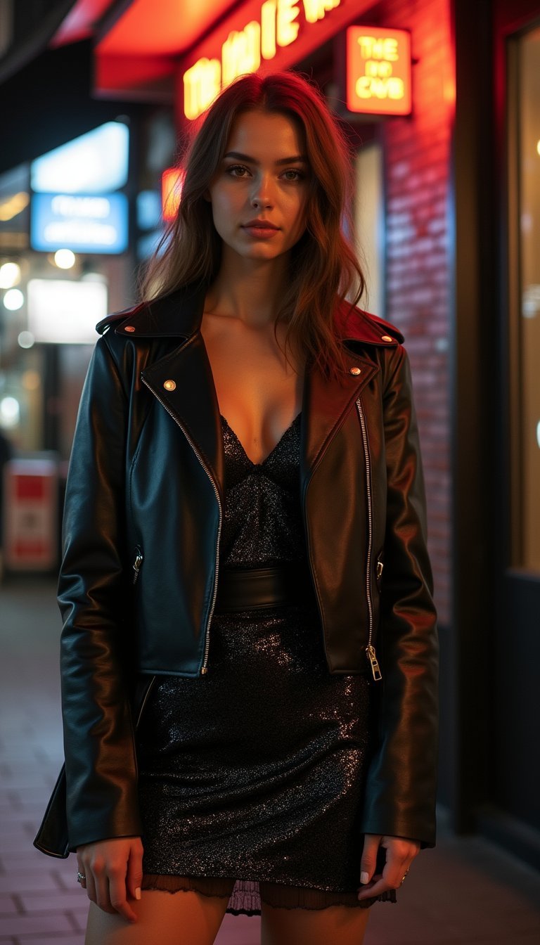 Jaqueta Biker Com Vestido Lurex Para Noite Glam